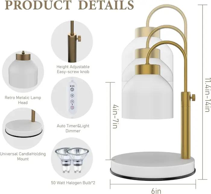Lampe chauffante pour bougies avec minuterie et variateur réglable compatible avec pots à bougies grands formats pour ambiances chaleureuses et personnalisables à la maison