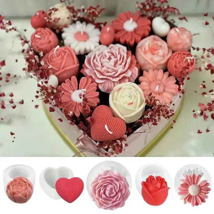 Ensemble de 5 moules à bougies florales individuelles rose marguerite pivoine design cœur silicone gel pour artisanat et bricolage occasions spéciales