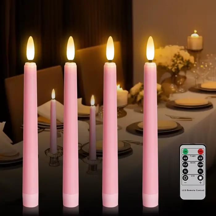 FPOO 4pcs LED Bougies à mèche rose Bougie de mariage sans flamme avec minuterie, lampe de table, déc