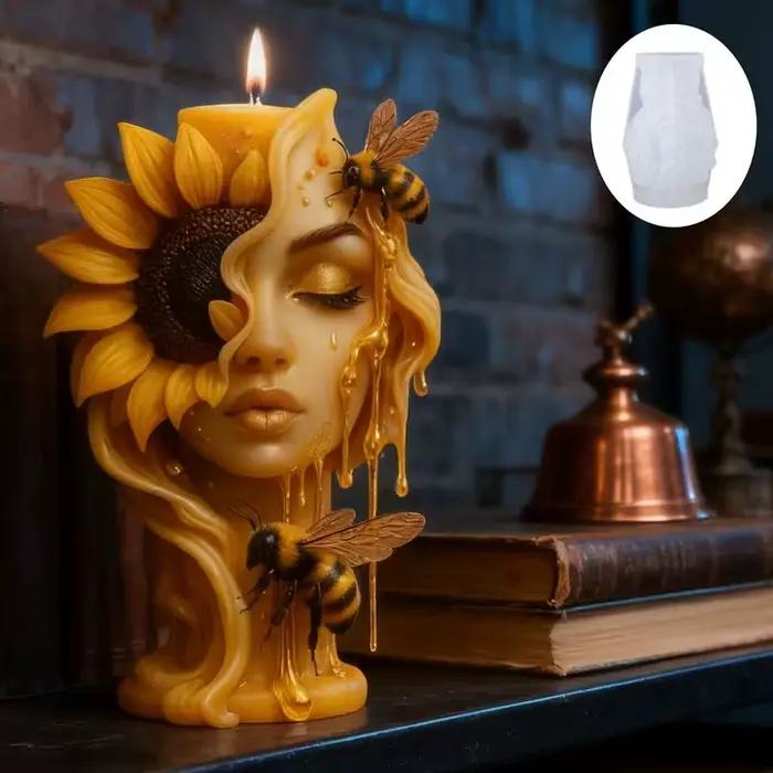 Moule à bougie tournesol et abeille, un moule artistique en relief tridimensionnel avec un tournesol demi-face, dégoulinant de miel