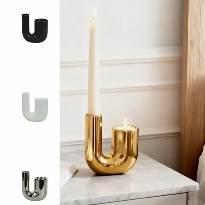 Porte-bougie en céramique en forme de U moderne, support de bougie romantique en argent électroplaqué, bougeoir de luxe léger pour salon