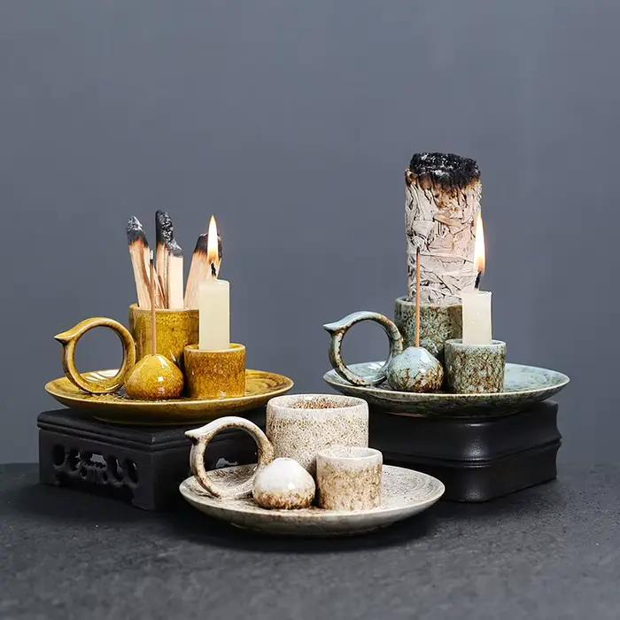 Brûleur d'encens 4 en 1 multifonctionnel support Palo Santo sauge bâton bougeoir céramique pour salon méditation ambiance apaisante et relaxante