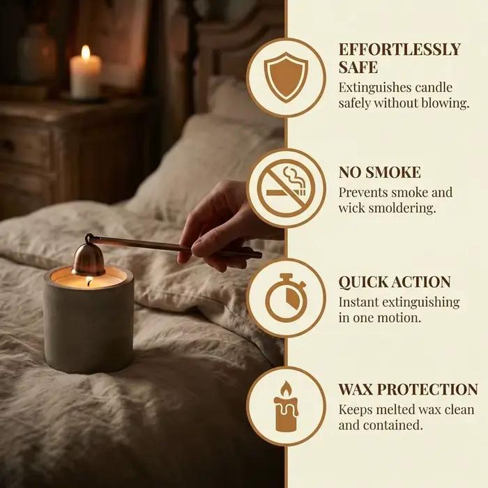 Éteignoir à bougie en acier inoxydable avec manche long antidérapant et forme cloche pour intérieur moderne et design rétro occasions spéciales