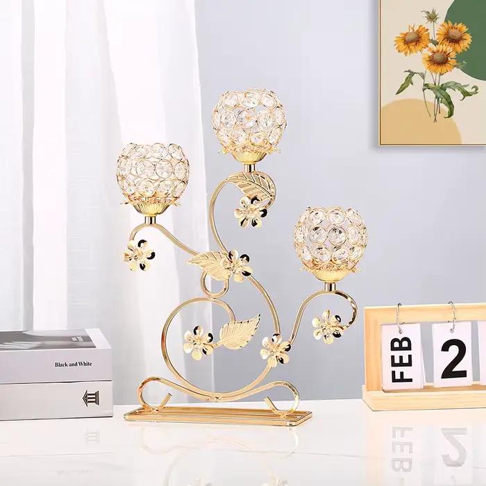 1pc 3 bras bougeoir en métal doré candélabre, chandelier en forme de fleur Vintage pour centre de Table fête d'anniversaire de mariage