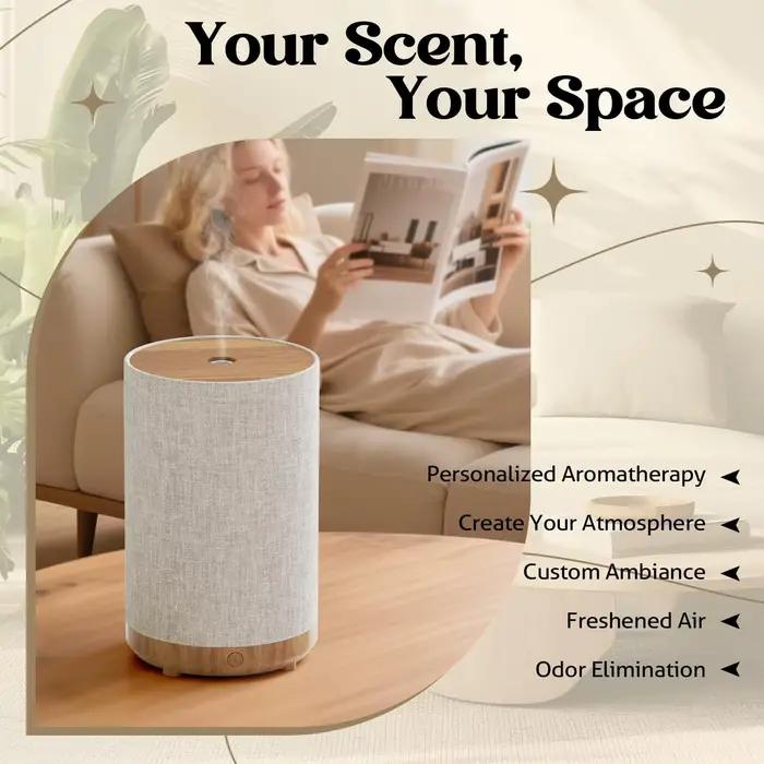 Diffuseur d'huiles essentielles nouvelle génération 2026 pour la maison avec housse en tissu, diffuseur électrique ultrasonique compact avec lumière 8 couleurs