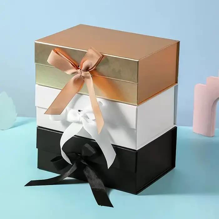 Boîtes cadeaux pliables magnétiques à couvercle rabattable, ruban satiné, plusieurs couleurs, pour mariage, anniversaire, fêtes, emballage élégant