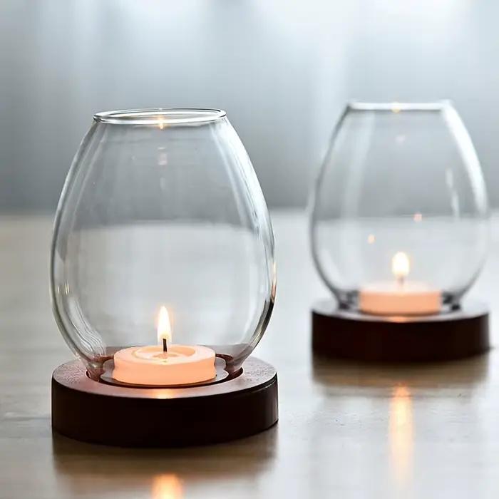 Bougeoir en verre transparent de style européen (base en bois) | Éclairage d'ambiance chaleureux pour la décoration de