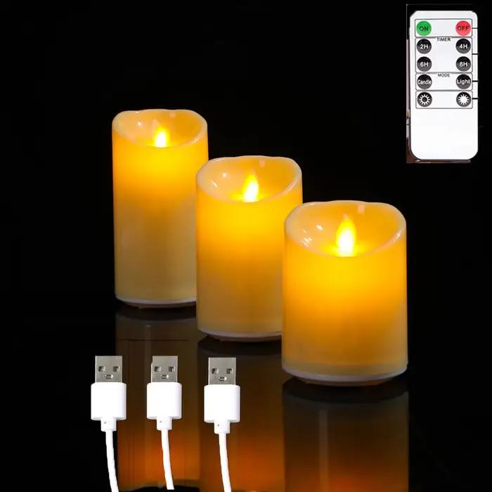 1/3 Bougies décoratives sans flamme à mèche mobile USB avec télécommande