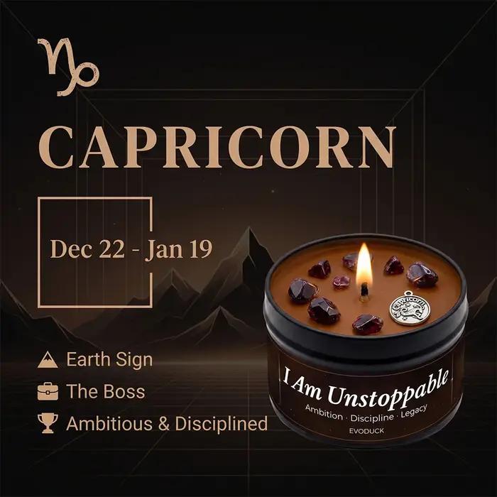 Bougie parfumée Capricorne Oud Tabac Bougie d'aromathérapie Constellation en boite Décoration parfumée pour la maison cadeau d'anniversaire 3oz
