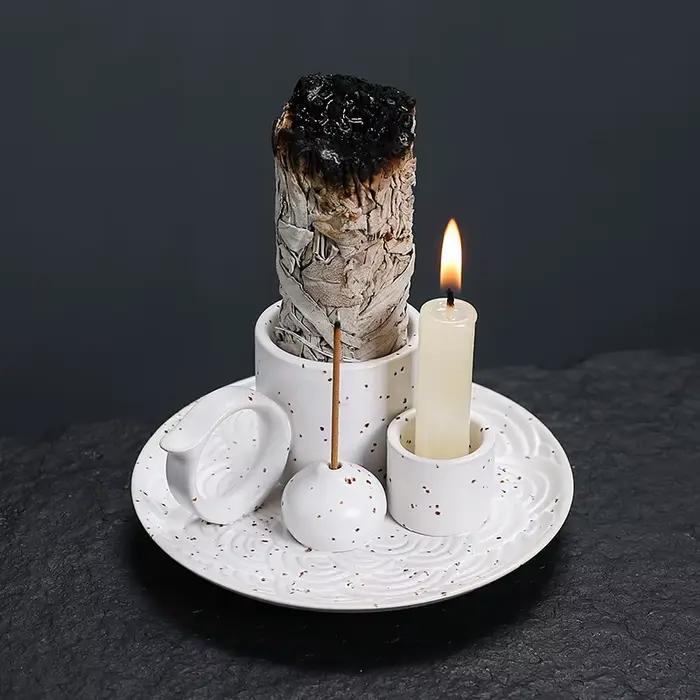 Brûleur d'encens 4 en 1 multifonctionnel support Palo Santo sauge bâton bougeoir céramique pour salon méditation ambiance apaisante et relaxante