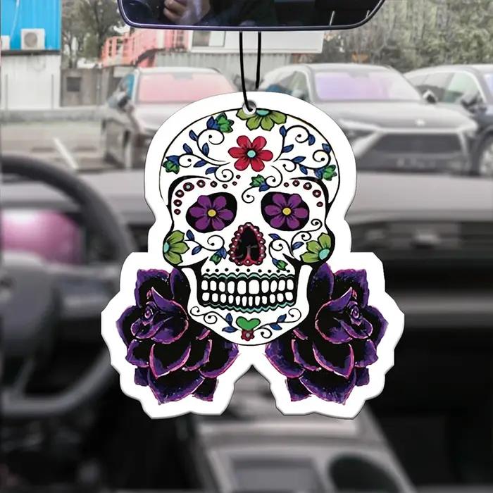 Tête de crâne imprimée violette, aromathérapie montée sur voiture, parfum de voiture, pendentif de parfum longue durée hors de la bouche du vent sach