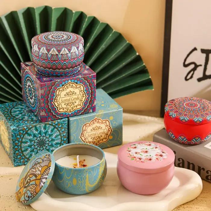 Lot de 4 bougies parfumées à la rose en cire de soja pour la maison et les mariages cadeau d'anniversaire décoration avec boîte métallique élégante sans fumée