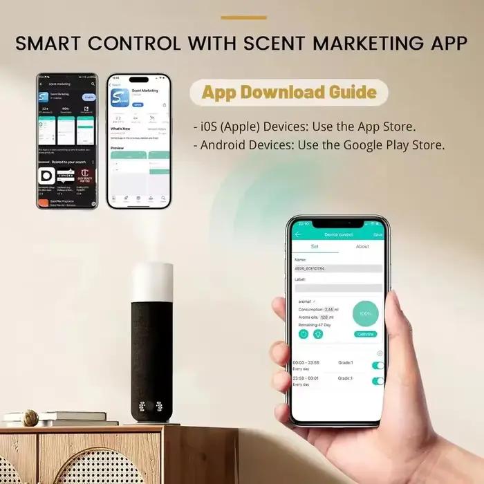 Diffuseur de parfum électrique intelligent pour purifier l'air et diffuser des huiles essentielles à la maison ou en hôtel avec contrôle Bluetooth et choix de couleurs