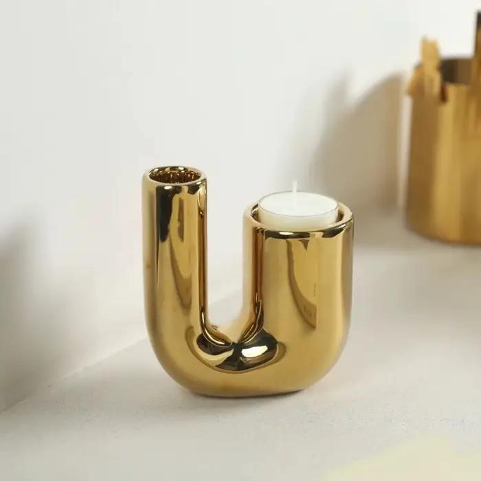 Porte-bougie en céramique en forme de U moderne, support de bougie romantique en argent électroplaqué, bougeoir de luxe léger pour salon