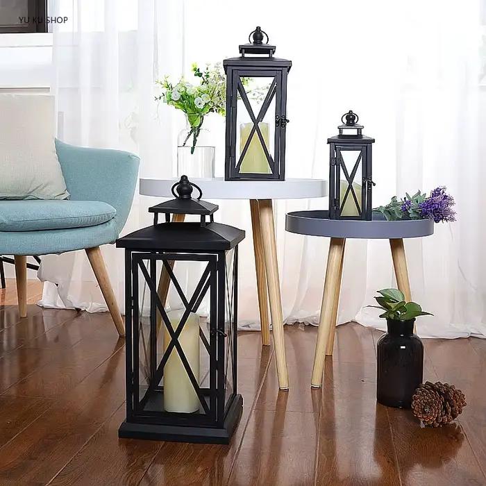 Bougeoirs en verre de lanterne coupe-vent, grands bougeoirs en métal, design moderne de mariage noir, marocain ci-après, décoration d'intérieur