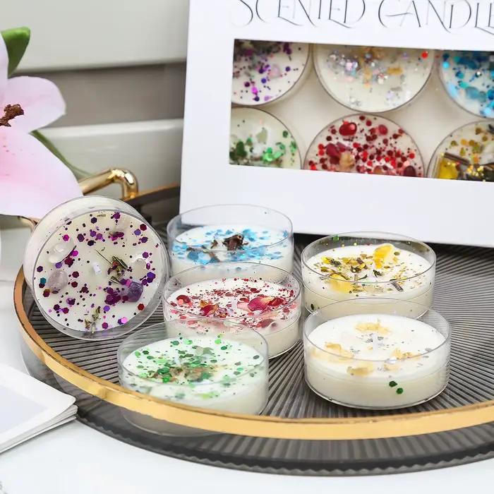 Coffret cadeau de bougies à fleurs scintillantes de 6 pièces – Décor floral conservé et scintillant