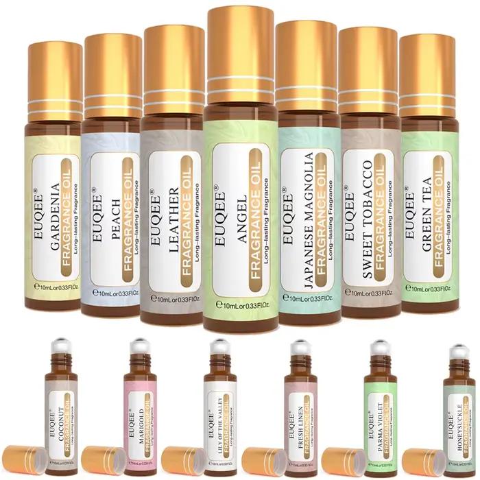 Huile de parfum EUQEE roll-on senteurs cuir d'ange tabac doux gardénia thé vert fleur d'oranger noix de coco muguet occassions cadeaux personnalisation cosmétique détente bien-être