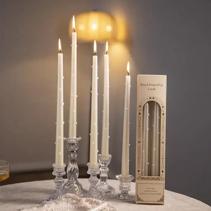 Bougies longues décoratives coniques en perles blanches