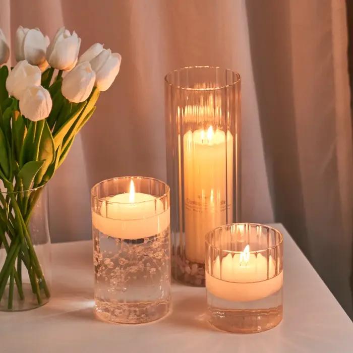 Bougeoir en verre cylindrique nervuré pour mariage et décoration élégante style européen avec grande bougie chauffe-plat