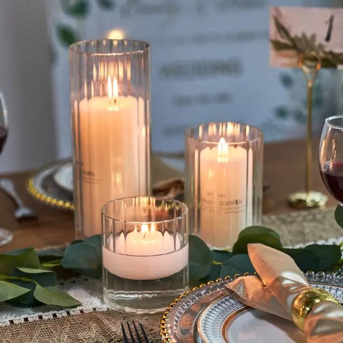 Bougeoir en verre cylindrique nervuré pour mariage et décoration élégante style européen avec grande bougie chauffe-plat