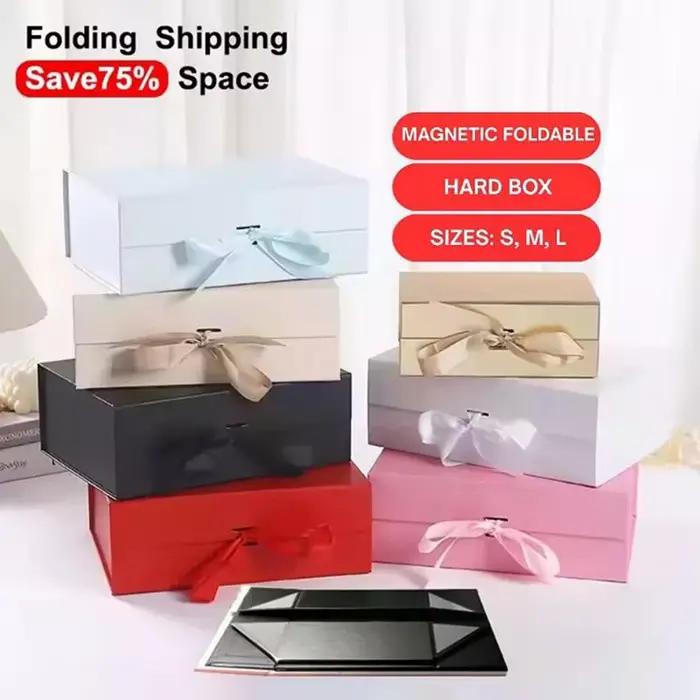 Boîtes cadeaux pliables magnétiques à couvercle rabattable, ruban satiné, plusieurs couleurs, pour mariage, anniversaire, fêtes, emballage élégant