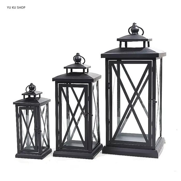 Bougeoirs en verre de lanterne coupe-vent, grands bougeoirs en métal, design moderne de mariage noir, marocain ci-après, décoration d'intérieur