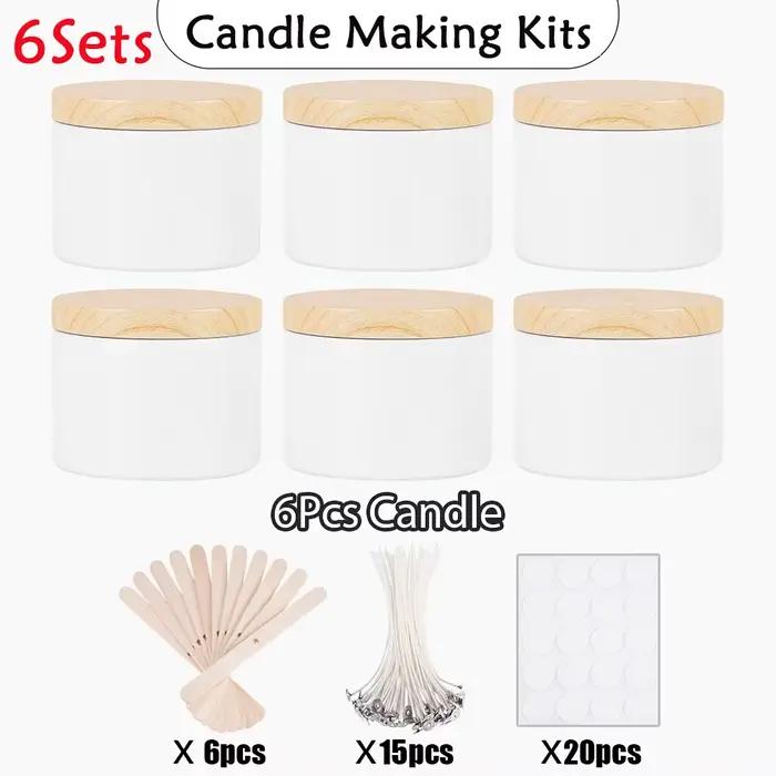 Kit de fabrication de bougies DIY 6 pièces avec pots en fer blanc mat et couvercles imitation bois -