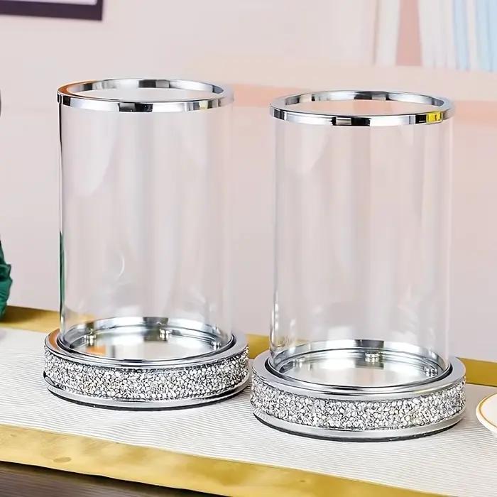 1/2 pièces Porte-bougie cylindrique en verre transparent avec base scintillante, doré et argenté, pour décoration de table de mariage
