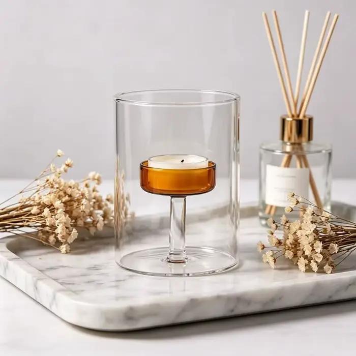 Porte-bougie en verre de style européen créatif, résistant à la chaleur, transparent, avec base solide, centre de table pour fête