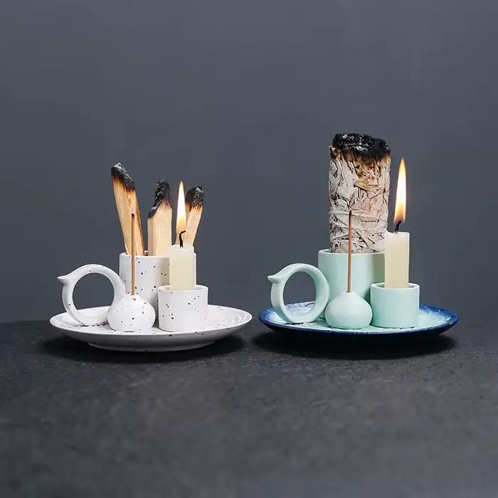 Brûleur d'encens 4 en 1 multifonctionnel support Palo Santo sauge bâton bougeoir céramique pour salon méditation ambiance apaisante et relaxante