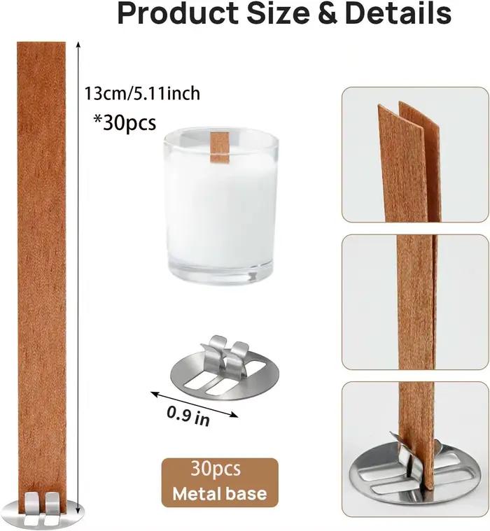 Mèches de bougies en bois, 30 mèches en bois pour la fabrication de bougies, avec base métallique, p