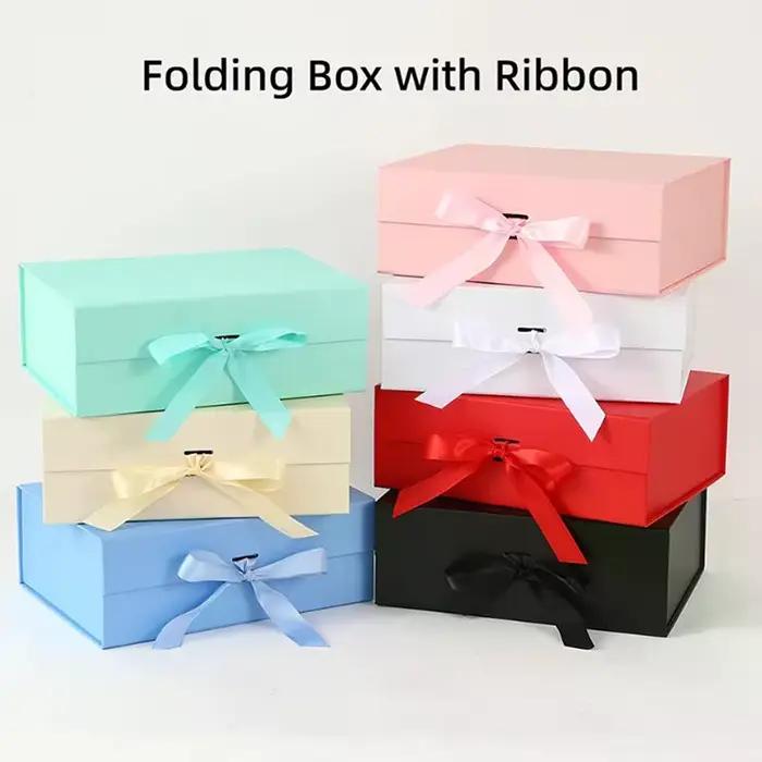 Boîtes cadeaux pliables magnétiques à couvercle rabattable, ruban satiné, plusieurs couleurs, pour mariage, anniversaire, fêtes, emballage élégant