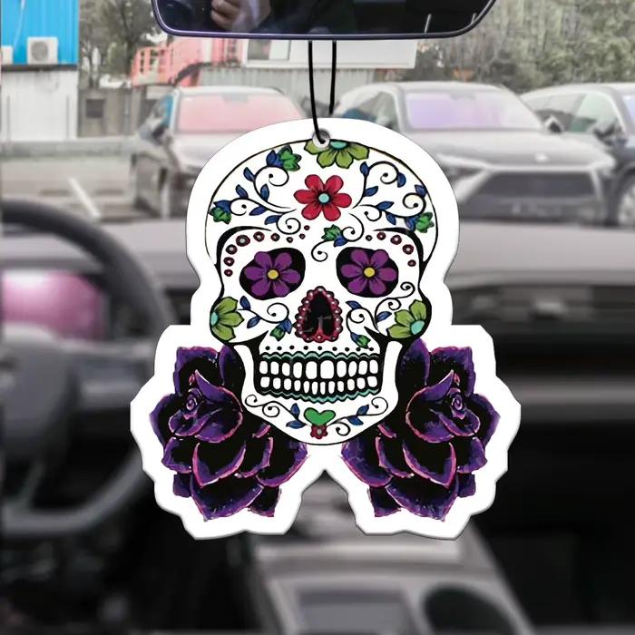 Tête de crâne imprimée violette, aromathérapie montée sur voiture, parfum de voiture, pendentif de parfum longue durée hors de la bouche du vent sach