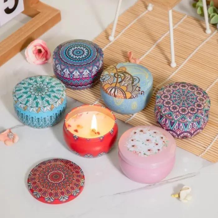 Lot de 4 bougies parfumées à la rose en cire de soja pour la maison et les mariages cadeau d'anniversaire décoration avec boîte métallique élégante sans fumée