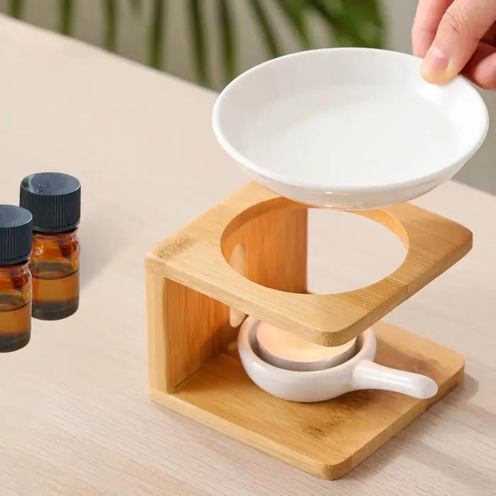 Brûleur d'arômes en céramique et bambou pour huiles essentielles et bougies fondantes, pièce maîtresse décorative pour salon et bureau, ambiance relaxante et parfum apaisant
