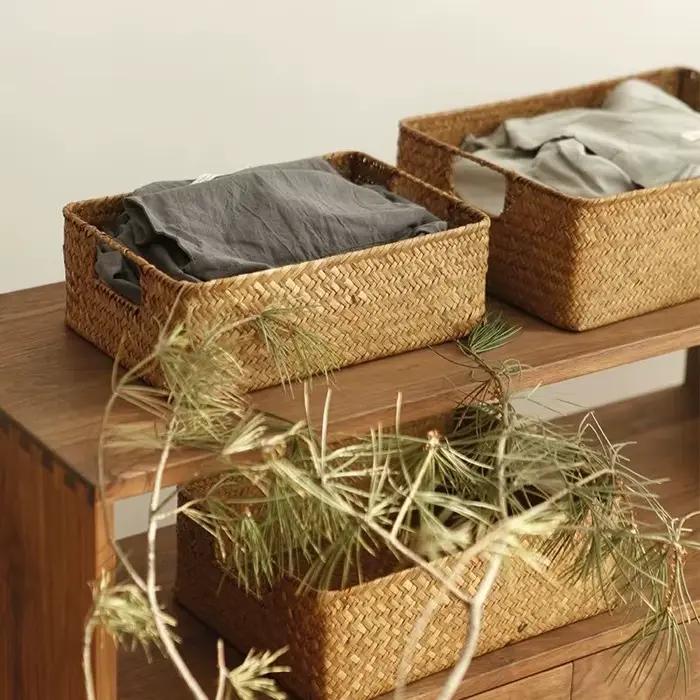 Zerolife-Panier en jonc de mer tissé pour décoration intérieure, panier en osier naturel, panier de