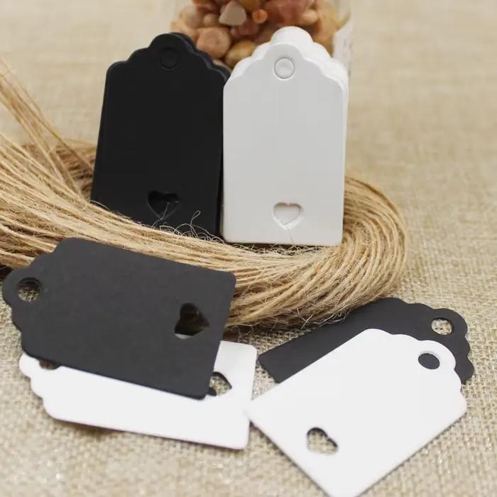 100 pièces + 100 corde de chanvre 5*3 cm nouveau style rectangulaire noir/Kraft papier carte vierge dessin à la main étiquette cadeau étiquettes coeur creux