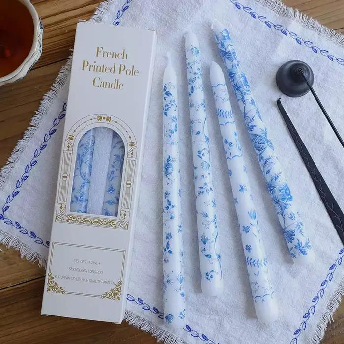 Bougies de mariage longues coniques imprimées à la main pour la décoration de salon romantique et élégante pour mariage ou soirée festive