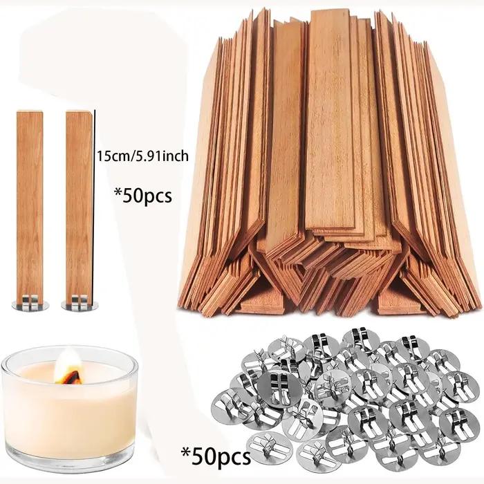 Lot de 50 mèches en bois pour bougies, kit de fabrication de bougies DIY, mèches sans fumée avec base à clip, mèches en bois faites à la main