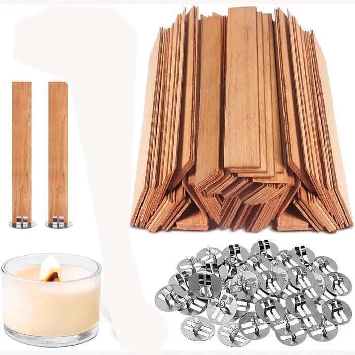 Lot de 50 mèches en bois pour bougies, kit de fabrication de bougies DIY, mèches sans fumée avec base à clip, mèches en bois faites à la main