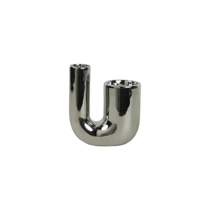 Porte-bougie en céramique en forme de U moderne, support de bougie romantique en argent électroplaqué, bougeoir de luxe léger pour salon