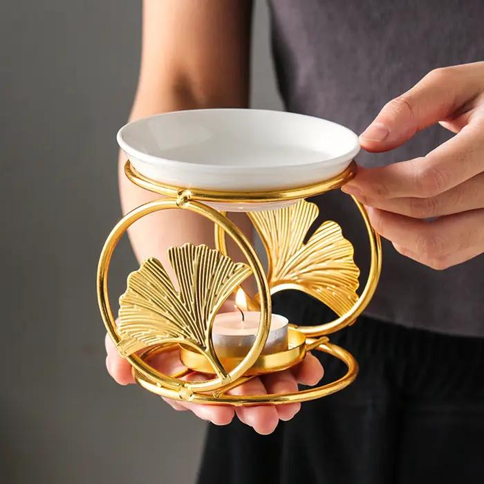 Bougeoir en céramique brûleur d'huile essentielle diffuseur four plus chaud bougie chauffe-plat lampe à Base en bois porcelaine décor de salon