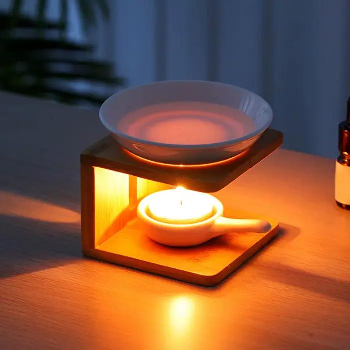 Brûleur d'arômes en céramique et bambou pour huiles essentielles et bougies fondantes, pièce maîtresse décorative pour salon et bureau, ambiance relaxante et parfum apaisant