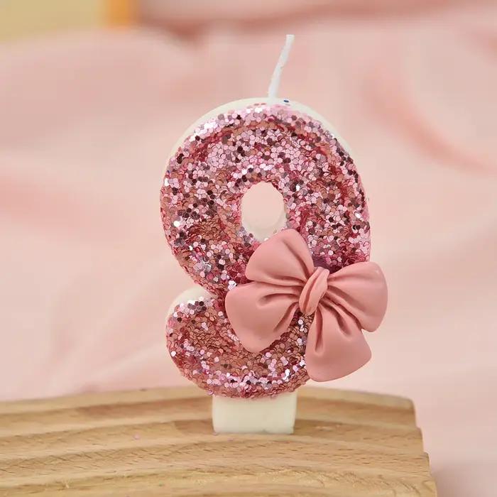 Bougie créative à paillettes de couleur assortie avec nœud rose, décoration numérique pour gâteau d'anniversaire, anniversaire