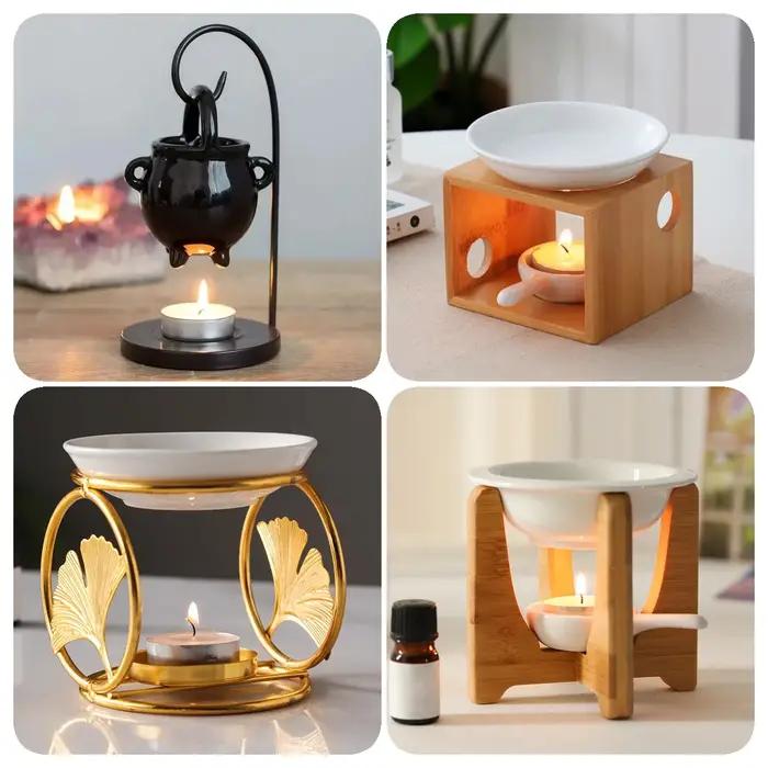 Bougeoir en céramique brûleur d'huile essentielle diffuseur four plus chaud bougie chauffe-plat lampe à Base en bois porcelaine décor de salon