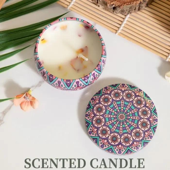 Lot de 4 bougies parfumées à la rose en cire de soja pour la maison et les mariages cadeau d'anniversaire décoration avec boîte métallique élégante sans fumée