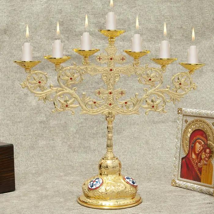 HT – bougeoir en alliage métallique à 7 branches, pour église, décoration de la maison, fabricant de bougeoirs orthodoxes plaqués or, nouvelle vente