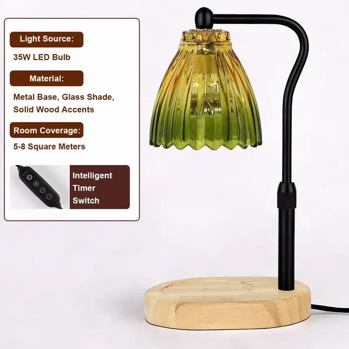 Lampe chauffe-bougie avec minuterie et variateur d'intensité, base en bois rétro, abat-jour en verre, lumière chauffante pour bougie, ambiance chaleureuse, décoration pour la maison et les fêtes