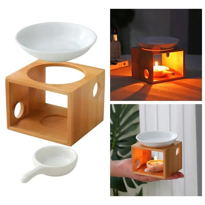 Bougeoir en céramique brûleur d'huile essentielle diffuseur four plus chaud bougie chauffe-plat lampe à Base en bois porcelaine décor de salon