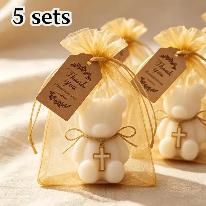 5/10/20 ensembles de cadeaux de baptême en gros : ensemble bougie et ours en peluche avec croix